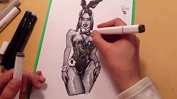 Riproduci Ragazza sexy calda disegnata in lattice, schizzo veloce con pennarelli